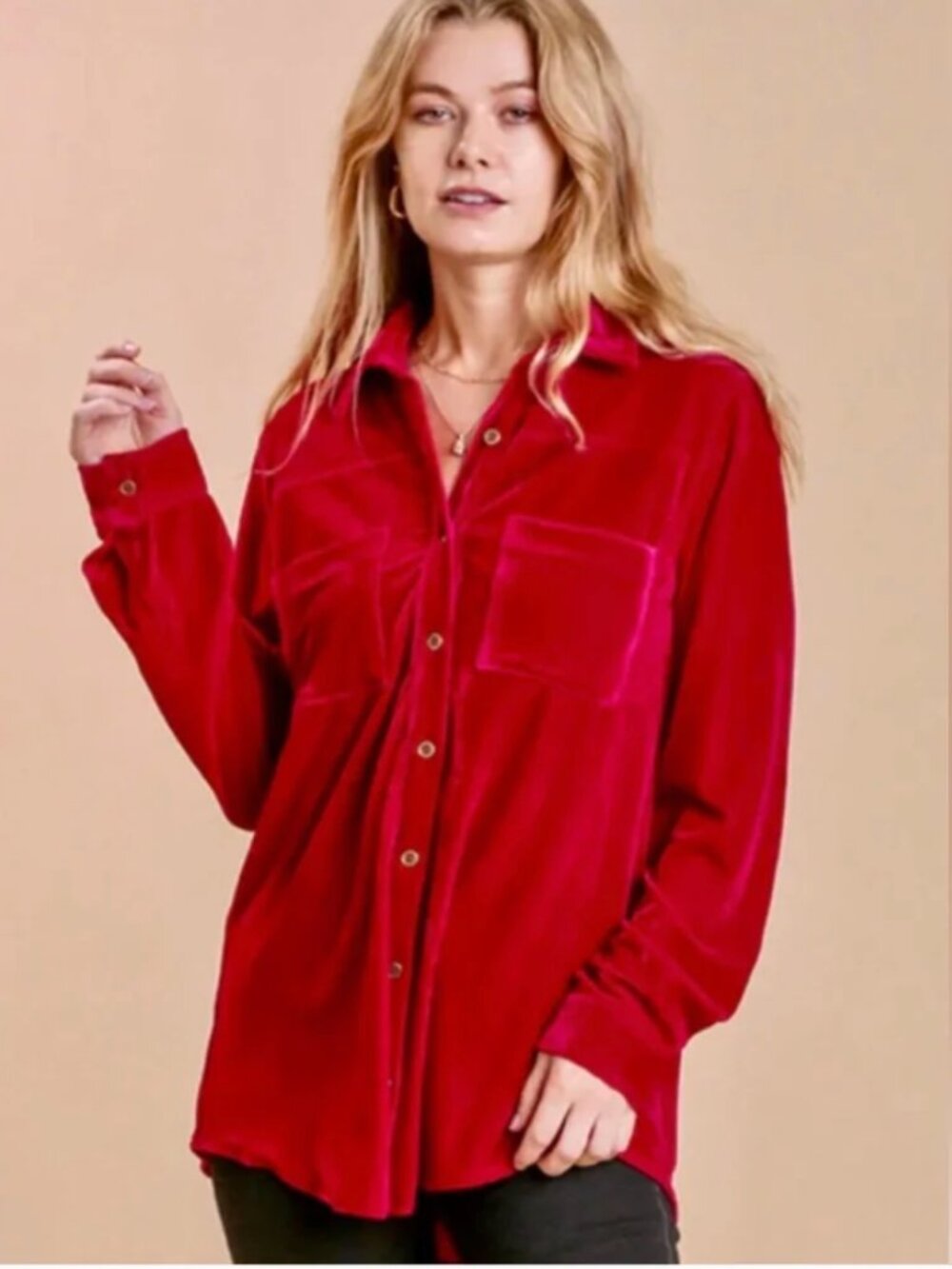 Umgee Red Velvet Button Front Blouse XL